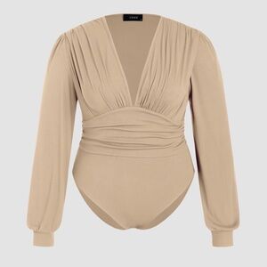Cider Jersey V-Neck Ribbed Ruched Bodysuit in Khaki XL